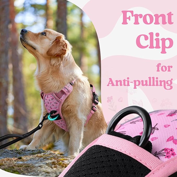 rabbitgoo Dog Harness Small Sized, No Pull Pet Harness with 3 Buckles, Adjustable Soft Padded Vest with Control Handle, Walking Reflective Pet Vest for Small Dogs, Floral Pink, S
