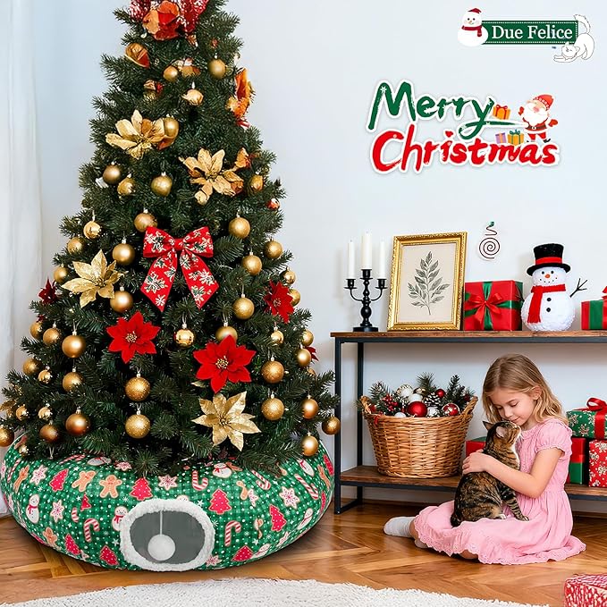 Cat Tunnel Christmas Tree Skirt Cat Tunnel Bed for Indoor Cats Play Donut Tunnel Toys S Shape for Rabbit Ferret (Green)