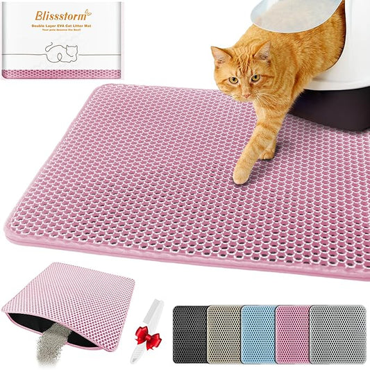 Waterproof Cat Litter Mat, Double Layer EVA, Odor-Free Large Grid, Urine Proof, Easy Cleanup (Pink, 22 x 30)