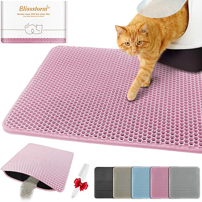 Waterproof Cat Litter Mat, Double Layer EVA, Odor-Free Large Grid, Urine Proof, Easy Cleanup (Pink, 27 x 46)