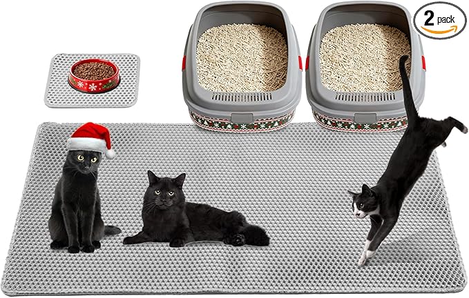 Cat Litter Mat 47"x26.5" Extra Large & 12"x12" Small, Double Layer Waterproof Trapping Mat for Home Travel, Non-Slip & Urine-Proof, Soft on Paws, Hold 2-3 Litter Boxes, XXL, 2-Pack(Grey)