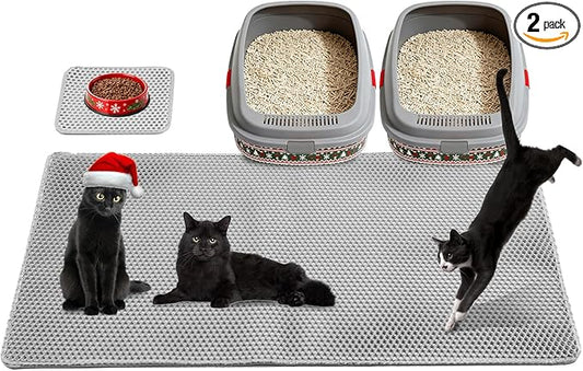 Cat Litter Mat 47"x26.5" Extra Large & 12"x12" Small, Double Layer Waterproof Trapping Mat for Home Travel, Non-Slip & Urine-Proof, Soft on Paws, Hold 2-3 Litter Boxes, XXL, 2-Pack(Grey)