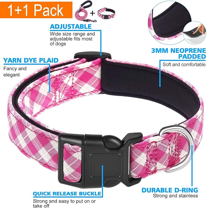 Reflective Dog Collar Padded with Soft Neoprene Breathable Adjustable Nylon Dog Collars for Small Medium Large Dogs (Large (Pack of 1), Pink Plaid Collar+Leash)