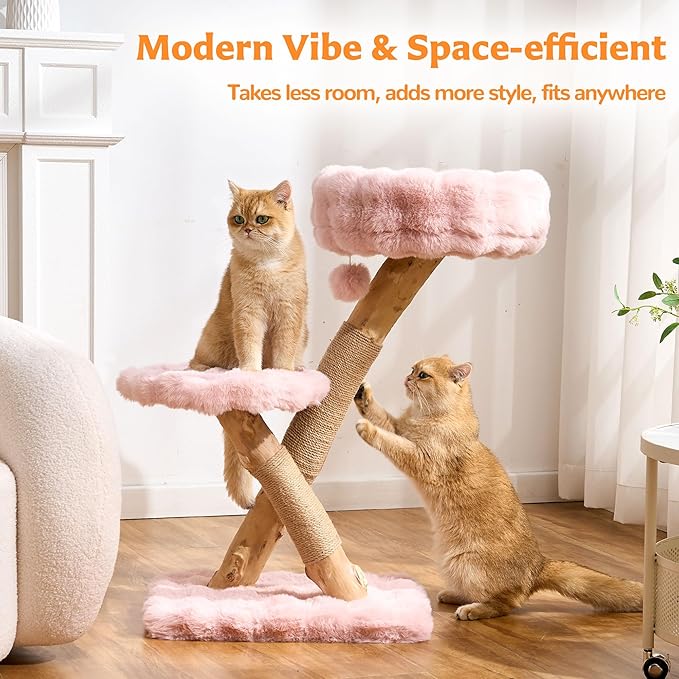 Cat Tree Modern Sturdy Solid Wood Cat Tower for Large Cat with Scratching Post for Indoor, Multifunctional Cat Tower with Cozy Bed and Platforms
