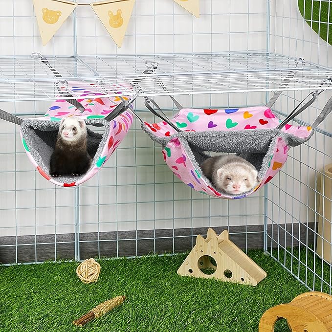 Bienbee 2 Pcs Ferret Rat Hammock Set for Cage Washable Guinea Pig Hideout Bed Soft Small Animal Hammock Tunnel Toys Ferret Cage Accessories for Hedgehog Sugar Glider Squirrel Hamster, Pink Hearts