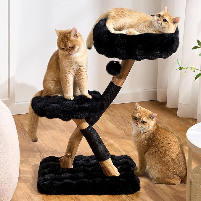 Cat Tree Modern Sturdy Solid Wood Cat Tower for Large Cat with Scratching Post for Indoor, Multifunctional Cat Tower with Cozy Bed and Platforms