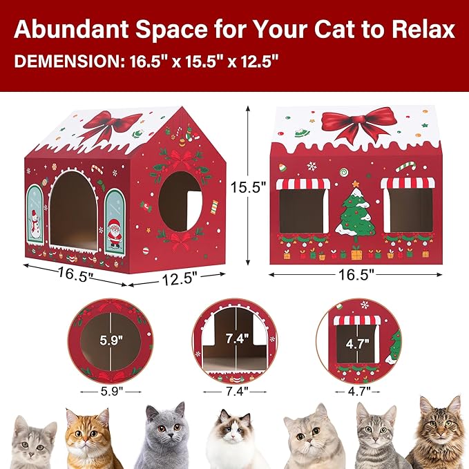 WESTERN HOME Christmas Cardboard Cat House, Indoor Cat Scratcher House (16.5''x12''x15''), Christmas Cats Cardboard Playhouse Hideaway for Small Animals