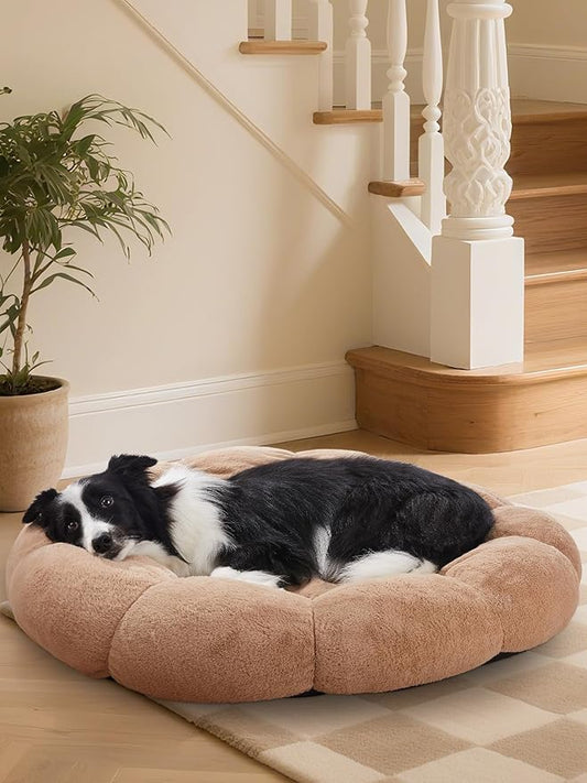 OhGeni 36 inches Calming Donut Orthopedic Dog & Cat Bed for Large Pets, Warming Comfort Fluffy Short Pile Fur, Durable Waterproof Machine Washable Removable Cover, Cute Round Bed for Puppy, Camel