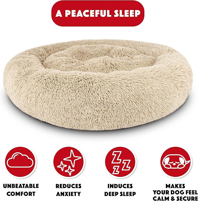 The Dog’s Bed Sound Sleep Donut Dog Bed, Large Dog Beige Fur Calming Nest Bed, Veterinary Approved