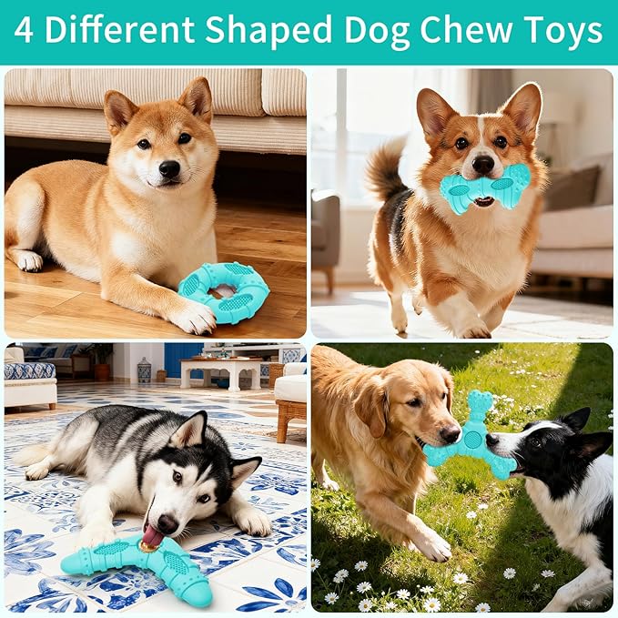 Dog Chew Toys for Aggressive Chewers, 4 Pack Natural Rubber Dog Toys,Teething Toys for Puppies, Soft Durable Interactive Chew Toy for Puppy Teeth Cleaning and Gum Massage(Blue)
