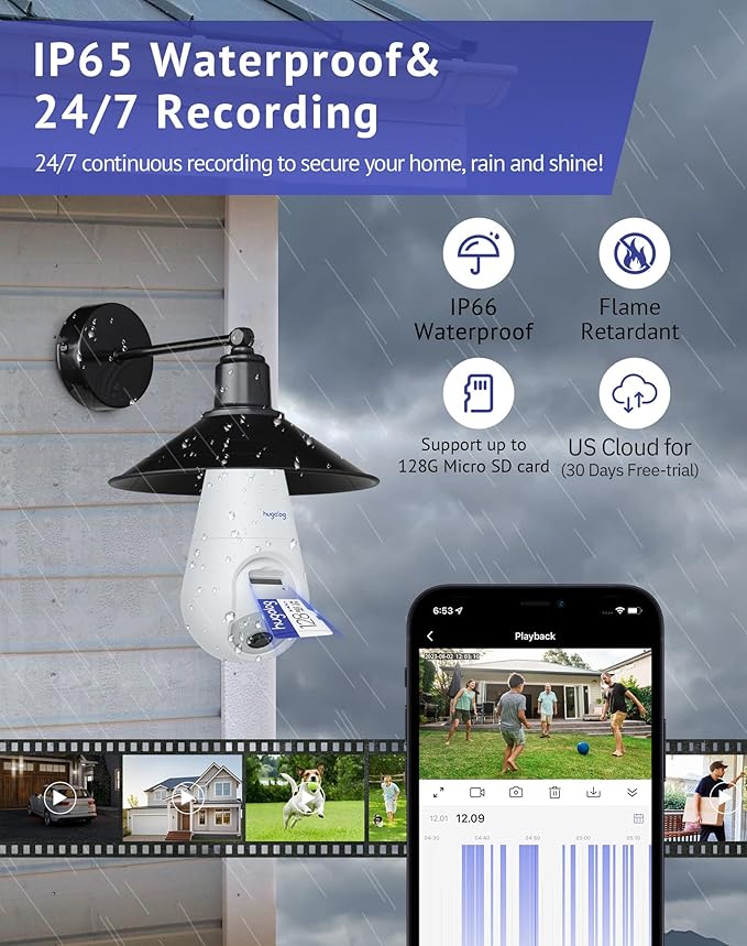 Hugolog 3K 5MP Light Bulb Security Cameras Wireless Outdoor-2.4GHz Cameras for Home Security Indoor with AI Sound Processing, Motion Detection,Color Night Vision,Auto Tracking,Siren Alarm