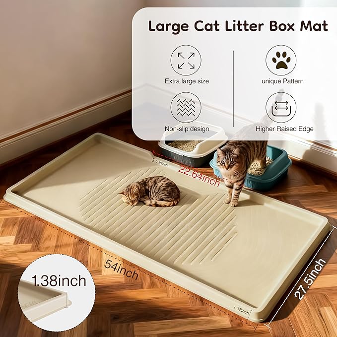 ISSEVE Cat Litter Mat 54" x 27.5" XXL, Extra Large Silicone Mat for Litter Box, 1.38" Raised Edge Waterproof Litter Trapping Mat Pad for Scatter Control, Soft on Kitty Paws, Protect Floor (Beige)