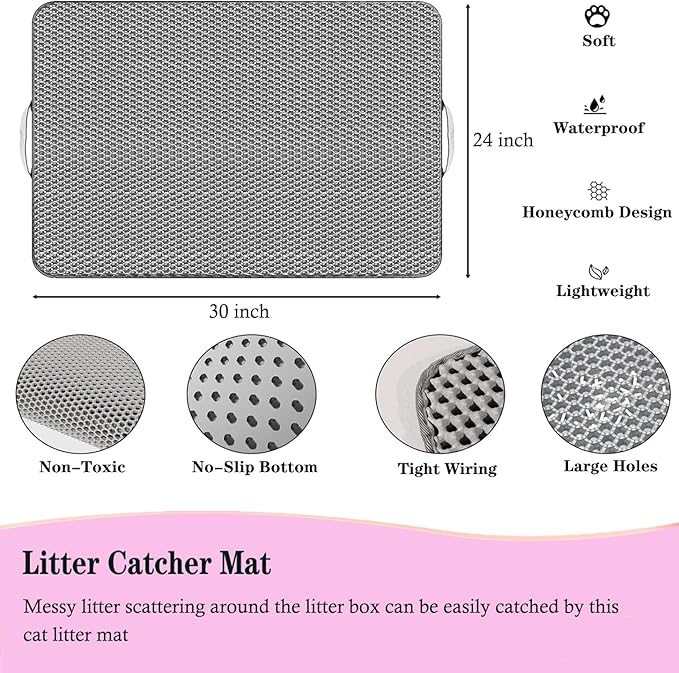 Large Cat Litter Mat - 30"x 24" Double Layer Honeycomb Kitty Litter Mat,Waterproof and Urine-Proof,Easy to Clean with Handles,Ideal Litter Trapping Mat for Cats