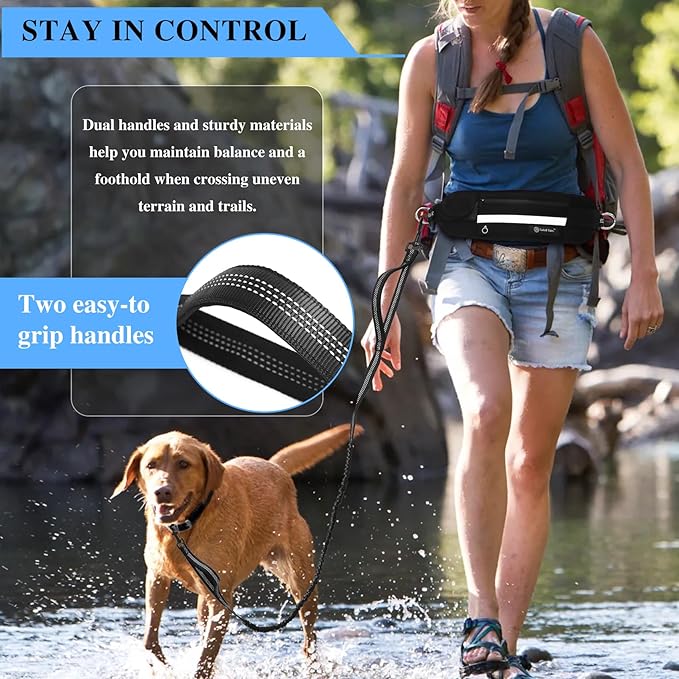Tails & Tales Hands Free Dog Leash with Lightweight Waist Pouch for Walking Running Hiking, Adjustable Belt 25-45", Dual Padded Handles, Reflective Bungee Design for Small to Large 100lb Dogs (Black)
