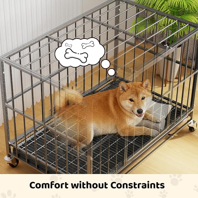 Heavy Duty Dog Crate 42 Inch, Indestructible Dog Crate with Removable Tray, Escape Proof & High Anxiety Dog Kennel Indoor, Metal Dog Cage with Wheels for Large Dogs, XL XXL XXXL