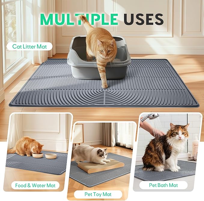 Cat Litter Box Mat,47" x 35" Extra Large Silicone Waterproof Litter Trapping Mat for Scatter Control Soft on Kitty Paws Non-Slip Easy to Clean