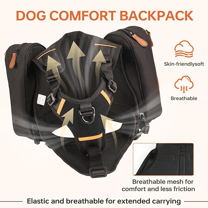 Dog Backpack for Medium & Large Dogs, Detachable Side Bags, Quick-Poop Bag Dispenser | No-Pull Adjustable Harness for Large-Chested Breeds | Non-Slip Handle for Hiking, Walking, Outdoor Adventures（S）