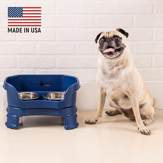 Neater Feeder Deluxe Mess Proof Dog Bowls Elevated for Small Breeds – Made in USA – No Spill Raised Dog Food Bowl Stand w/Leg Extensions – Stainless Steel Food and Water Bowl Set – Dark Blue