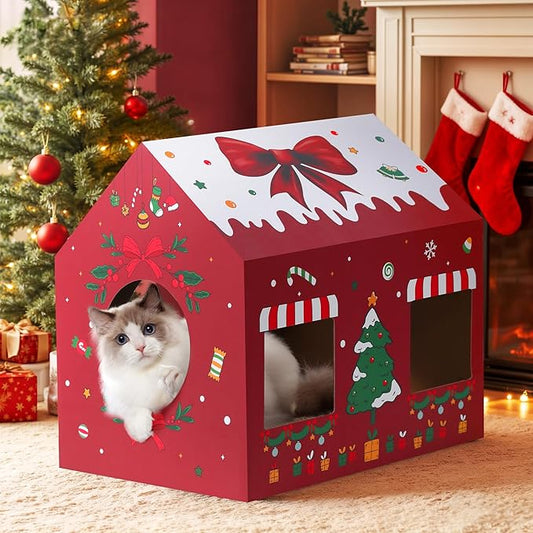 WESTERN HOME Christmas Cardboard Cat House, Indoor Cat Scratcher House (16.5''x12''x15''), Christmas Cats Cardboard Playhouse Hideaway for Small Animals