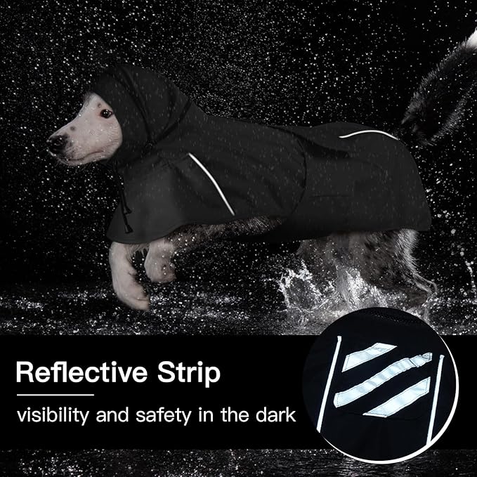 Dog Raincoat, Waterproof Rain Jacket for Large Dogs Poncho with Leash Hole Convertible Hood/Collar Reflective Rain Coat, Lightweight Breathable Stay Secure Walking (Black, XXXL)
