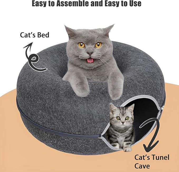 Tunnel Bed for Indoor,cattasaurus Peekaboo cat cave for Multiple,Detachable Felt Felt Washable Interior for Indoor Cats,Donut Tunnel -24inch(Light Gray) (Light Gray + Dark Gray)