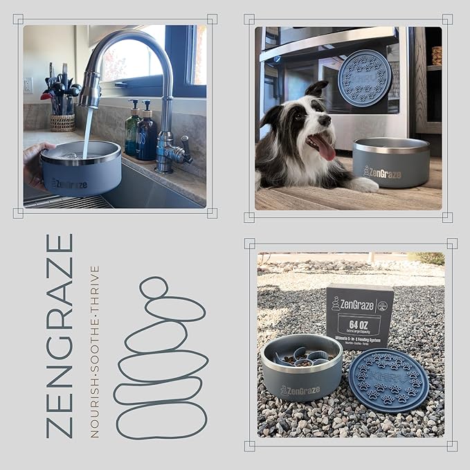 Slow Feeder Dog Bowl with Premium Lick Mat Lid | Heavy Duty Stainless Steel Dog Bowls | Silicone Slow Feeder Insert | Non-Slip & Durable | 64 oz | Medium to XL Dogs (Steel Gray)