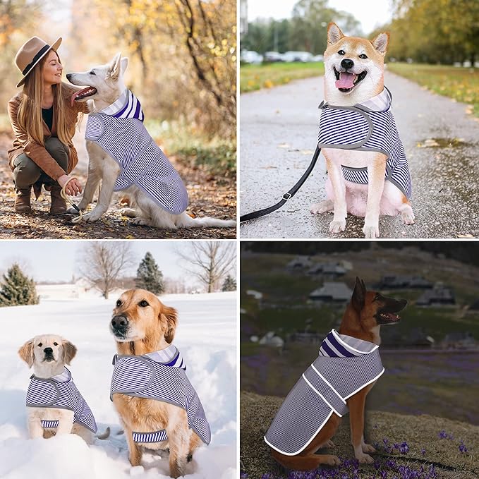 Dog Raincoats for Large Dogs Puppies Waterproof Hooded Rain Jacket with Reflective Strips Leash Hole & Poncho Adjustable Fit (Bluestripe,L)