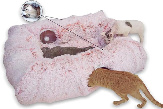 XxingSheep 4 Cave Shuttled XL Cat Tunnel Bed for Indoor Cats Peekaboo Toy Donut with Warm Mat, Pinkish White