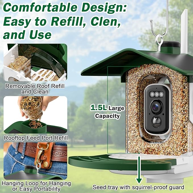 Smart Bird Feeder with Camera Solar Powered - AI Bird Identification, 2.4Ghz WiFi, 2K HD Video Live Stream Camera, 3MP Photos, 2.9in Focus, Gifts for Mom Dad Birdlovers, Green