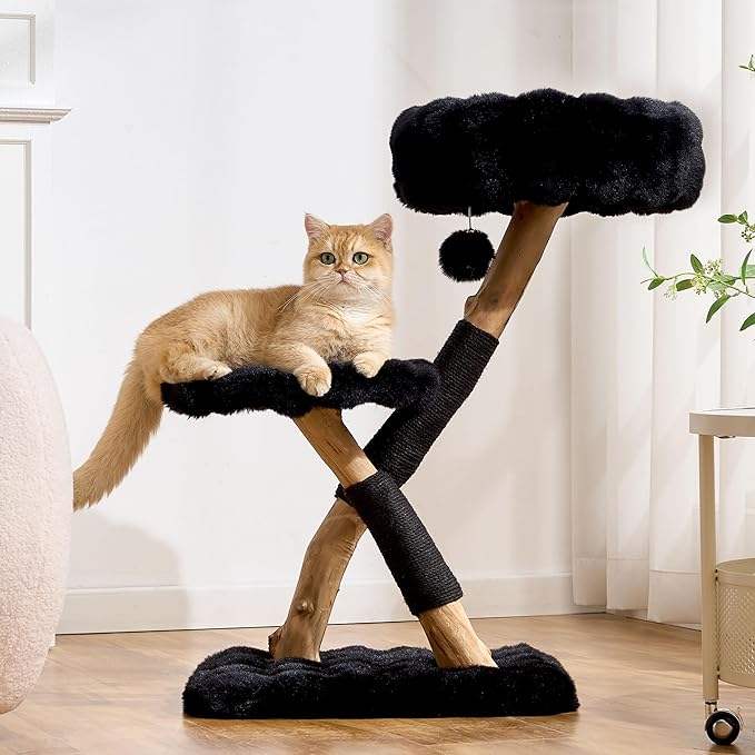 Natural Wood Cat Tree for Indoor Cats Adults, 33in Modern Cat Tree Tower with Super Soft Plush Cat Bed & Perch, Sisal Scratching Posts and Hanging Plush Ball, Sheen Black