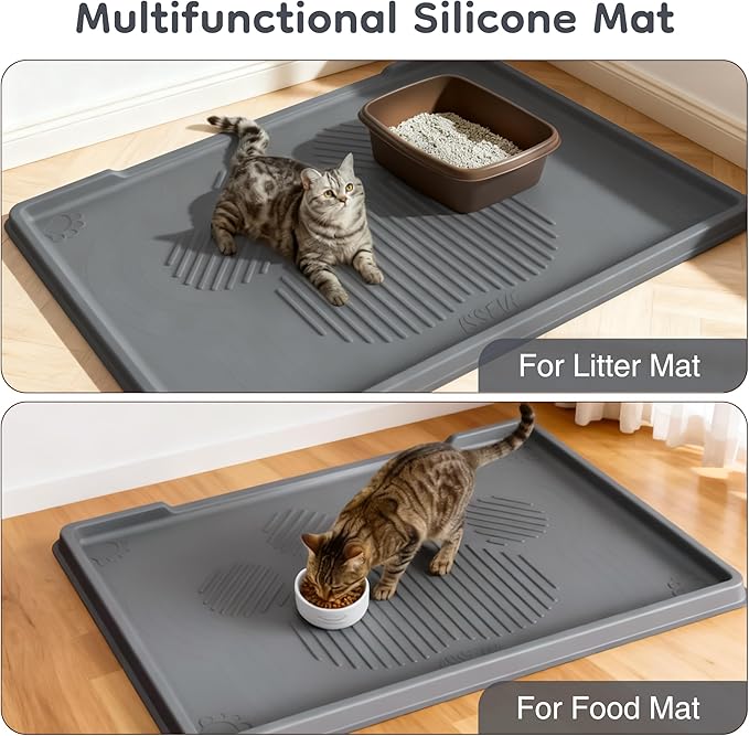 ISSEVE Cat Litter Mat 40" x 28" XL, Extra Large Silicone Mat for Litter Box, 1.38" Raised Edge Urine Proof Litter Trapping Mat Pad for Scatter Control, Soft on Kitty Paws, Protect Floor (Dark Grey)