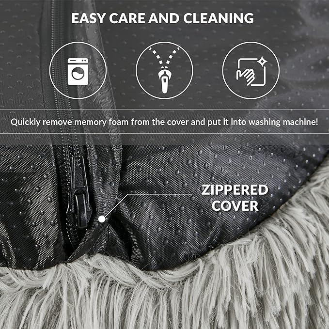 Friends Forever Serena Donut Memory Foam Orthopedic Dog Bed, Soft Faux Fur Oval Cat Couch For Indoor Pet, Fluffy Calming Plush Shag, Round Raised Bolster Cushion, Machine Washable Cuddler, Grey