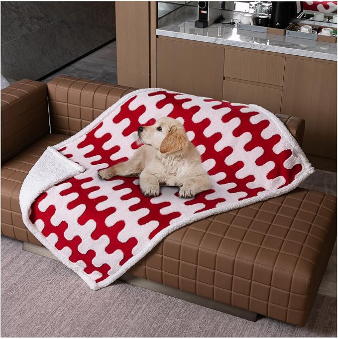 Waterproof Pet Blanket for Dogs,Red Pet Throw Blankets for Dog Bed Covers Couch Sofa Stylish Jacquard for Puppy Cats Washable Reversible Furniture Protection Covers (Red Wave,S)