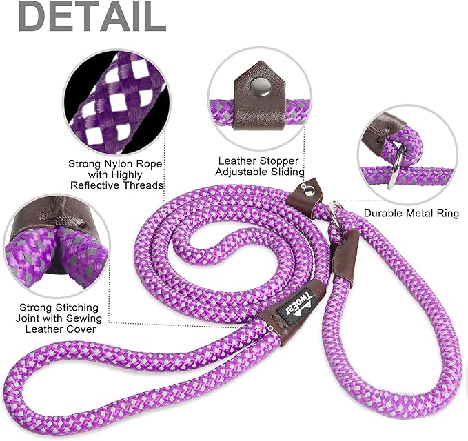 TwoEar Slip Leads for Dogs, 1/2" x 6FT Slip Leash for Large Dogs with Highly Reflective Threads, Comfortable Strong Rope Slip Leads, No Pull Pet Training Leash, Purple