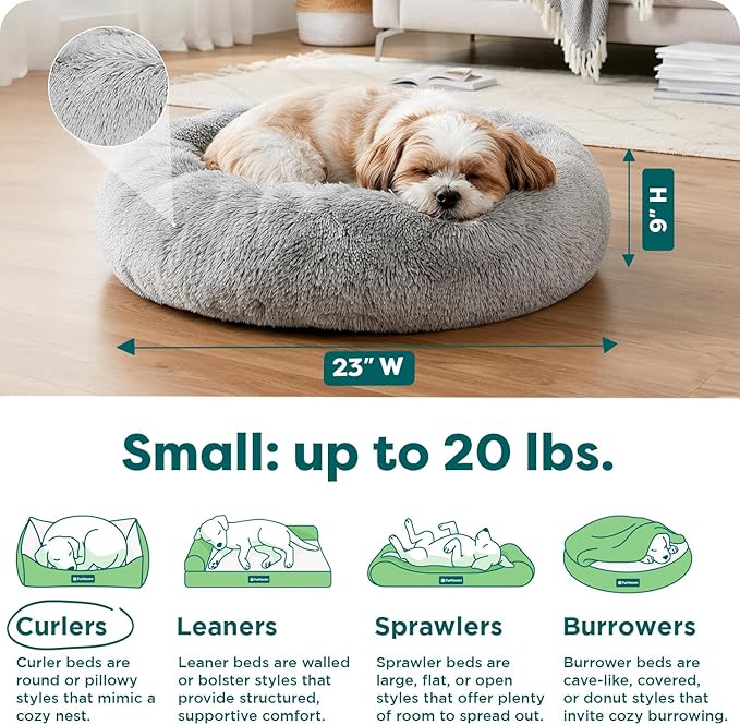 FurHaven 23" Calming Donut Dog Bed for Small Dogs & Cats, Round Plush Donut Design with Soft Filling for Snuggling Comfort, Removable Washable Cover, Small, Shaggy Faux Fur, Mist Gray