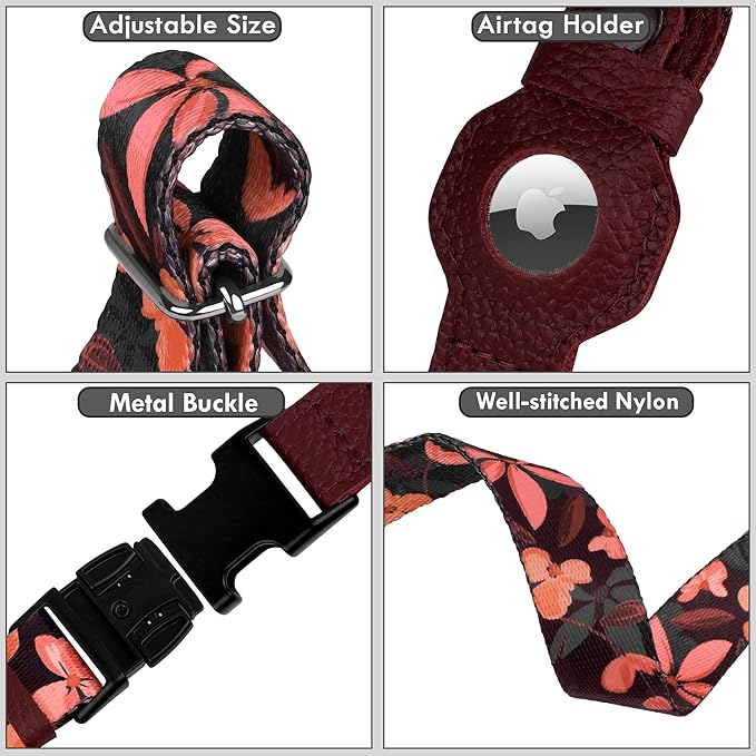 AirTag Dog Collar with Metal Buckle - Printed Nylon Soft Leather Dog Collar with Apple AirTag Holder - Secure Tracking GPS Pet Collars for Girl Boy Small Large Dogs (L, 17"-21" Neck Fit, Crossandra)