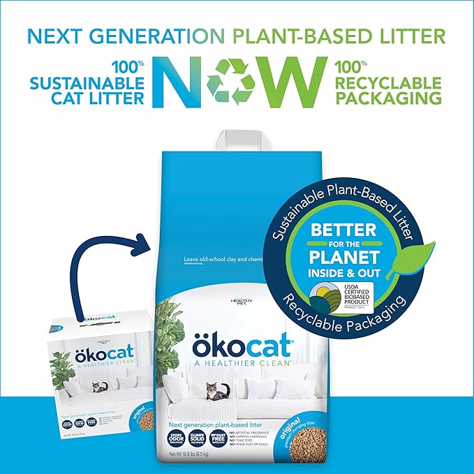ökocat Original Wood Clumping Cat Litter, Unscented, 18.8 pounds - Natural Ingredients, Stops Odor, Clumps Solid, 99% Dust Free, Great for All Cats