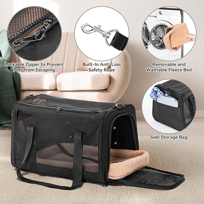 PETSFIT Cat Car Carrier for Medium Cats Dogs, 19"x12"x12" Small Dog Carrier, with Patent Safety Buckles and Escape-Proof Zipper - Safeguarding Car Travel, Vet Visit, Outdoor