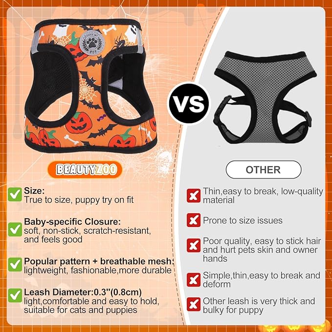 BEAUTYZOO Step in Dog Harness and Leash Set,Floral Pattern Reflective Dog Harness No Pull No Choke Puppy Harness for Small Dogs Cats,Soft Padded Mesh Vest Harnesses for Girl and Boy Pets,Halloween XS