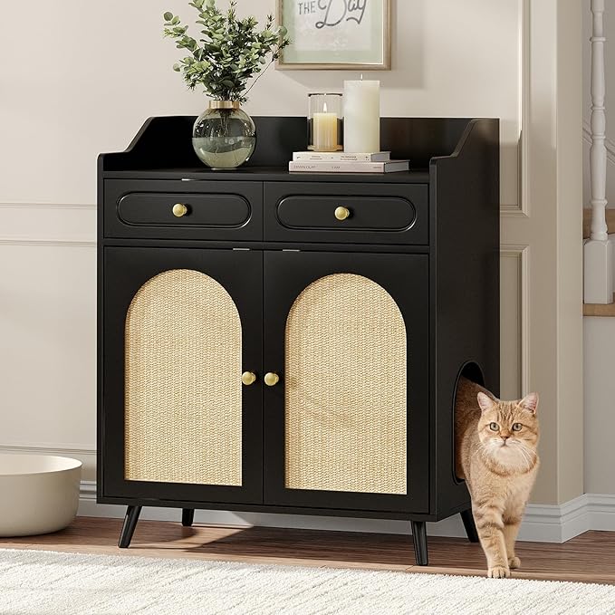 Cat Litter Box Enclosure Furniture, Wooden Hidden Litter Box Furniture with Double Rattan Scratching Board Doors, 2 Drawers, Litter Box Cabinet, Cat Cabinet, Black