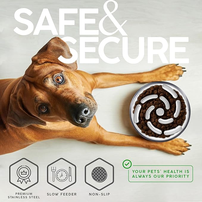 64 OZ Dog Bowl with Slow Feeder Insert Stainless Steel Pet Water Bowl for Medium & Large Breed Non Slip Rubber Base & Plastic Puzzle Feeder - White Marble