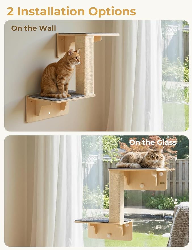Pecute Double Cat Shelves with Scratching Post for Wall and Window with Solid Wood, Strong Suction Cup, Washable Cover Mat, Cats Perch Bed for Birds Watching Inside Indoor Cat Hammock Bed