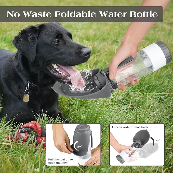 Upgraded Dog Water Bottle, Portable Dog Cat Puppy Pet Water Dispenser Feeder with Drinking Cup and Food Container Leak Proof for Outdoor Walking, Travel, Hiking 12OZ Grey