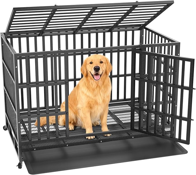 Heavy Duty Indestructible Dog Crate 48in,High Anxiety Dog Crate with Removable,Escape-Proof Double Door Dog Cage,Heavy Duty Dog Kennel Indoor with Lockable Wheels for Medium Large XL XXL Dogs
