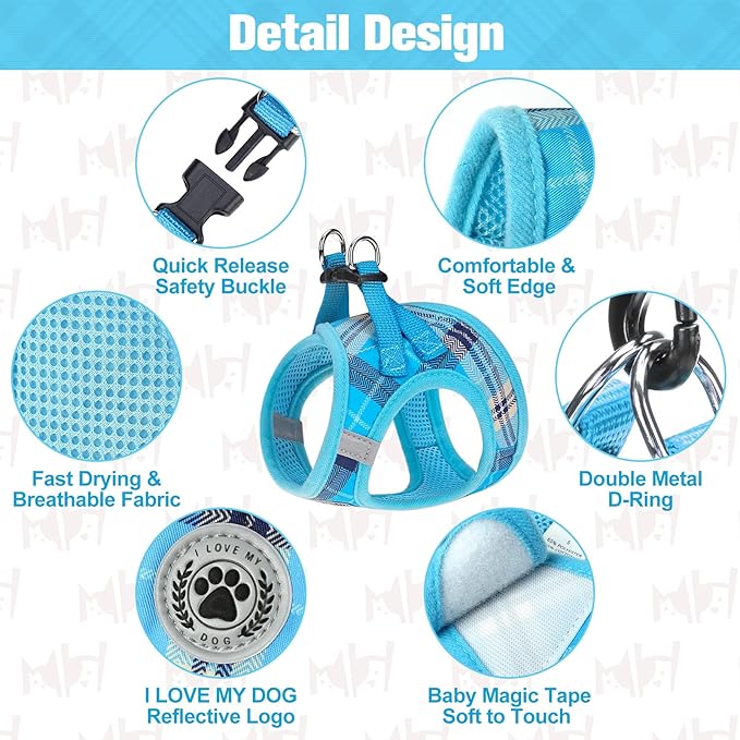 BEAUTYZOO Small Dog Harness and Leash Set,Step in No Choke No Pull Soft Mesh Dog Harnesses Reflective for Extra-Small/Small Medium Puppy Dogs and Cats, Plaid Dog Vest Harness for XS S Pets, Blue M