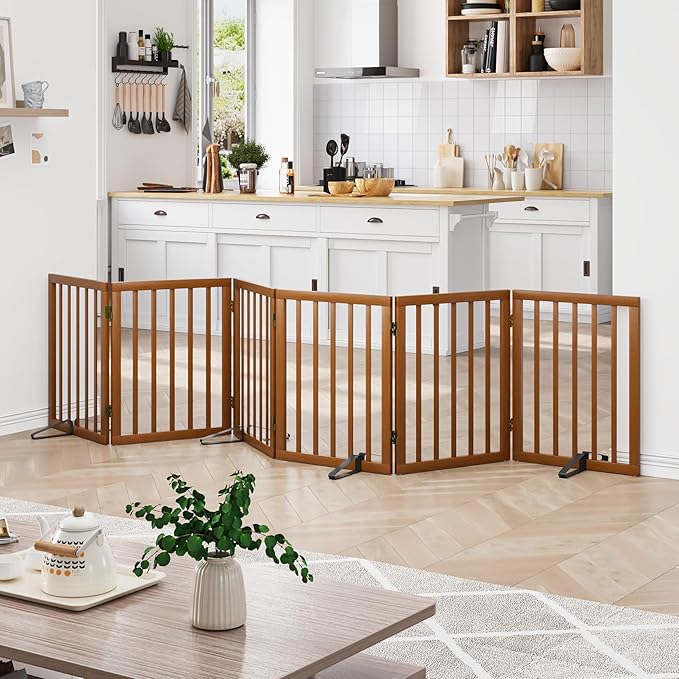 Freestanding Pet Gate Foldable Dog Gate (110 inches Wide) Walnut Bamboo Dog Gates for Stair Doorways House Puppy Fences Indoor (4 Support Feet Included)