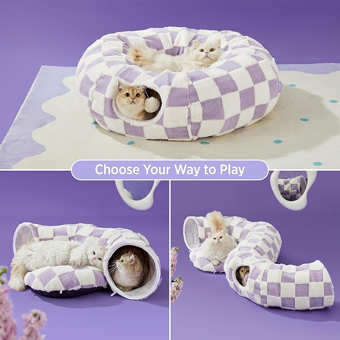 Lesure Cat Tunnel Bed for Indoor Cats - Cute Cat Donut Tunnel Toys for Small Large Cats with Washable Circle Cushion, Round Pet Peekaboo Cave Toy for Kitten/Puppy/Rabbit, Standard Lavender Checks