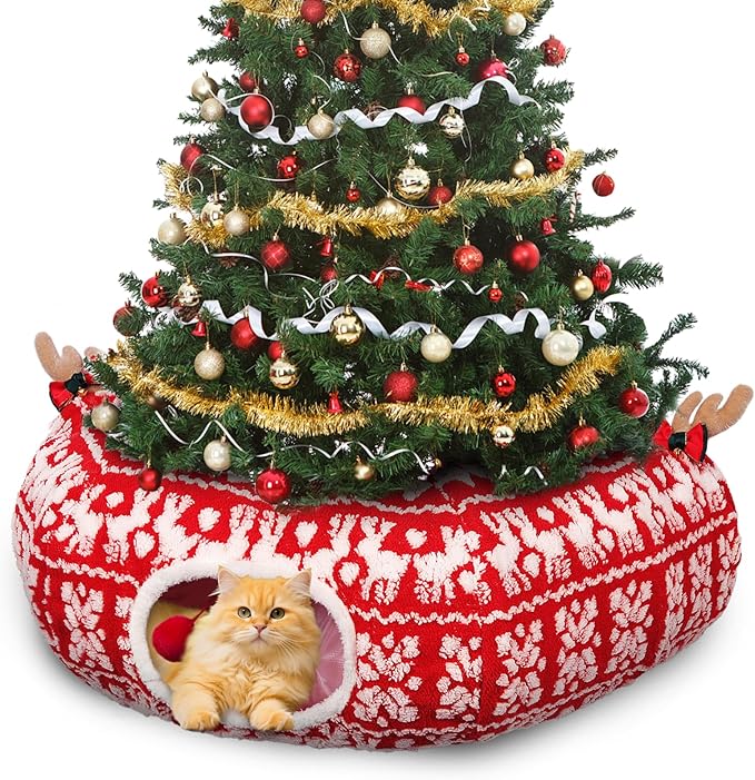 Cat Tunnel Christmas Tree Skirt, Cute Cat-Proof Tunnel Bed Under Christmas Tree with Washable Cushion, Soft Pet Donut Cave Decorative Tube Bed, Pet Toy Gifts Xmas Tree Protector from Cats
