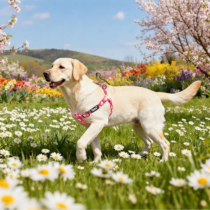 PUPTECK No Pull Dog Harness Soft Adjustable Basic Nylon Step in Puppy Vest Outdoor Walking with ID Tag, Fuchsia Daisy, L