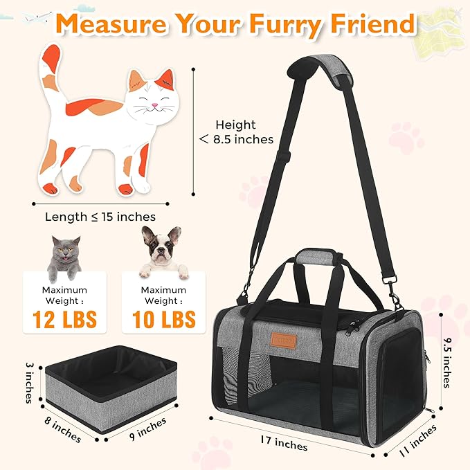 PETUX Cat Travel Carrier with Litter Box - 17"x11"x9.5", TSA Airline Approved, Underseat, Soft Sided Pet Carrier for Small Cats Under 12 lb with Safety Zipper, Anti-Scratch Mesh - Grey